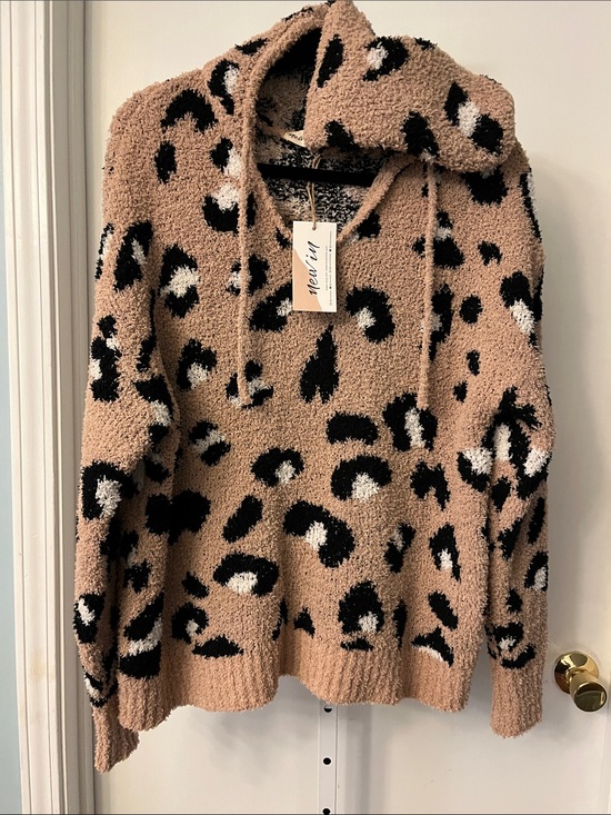 new in Sweaters - Cozy Leopard-Print Cowl Hoodie Sweater in Tan